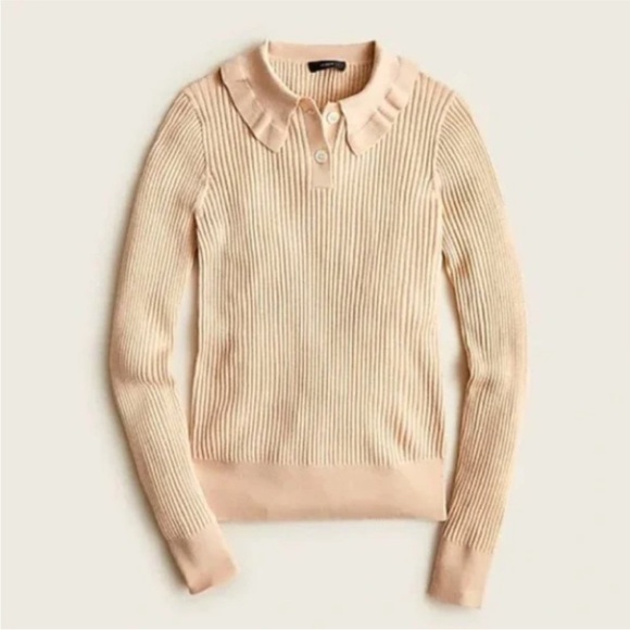 J. Crew Ruffle-Collar Ribbed Merino Wool Polo Sweater medium warm almond cream - Picture 1 of 7